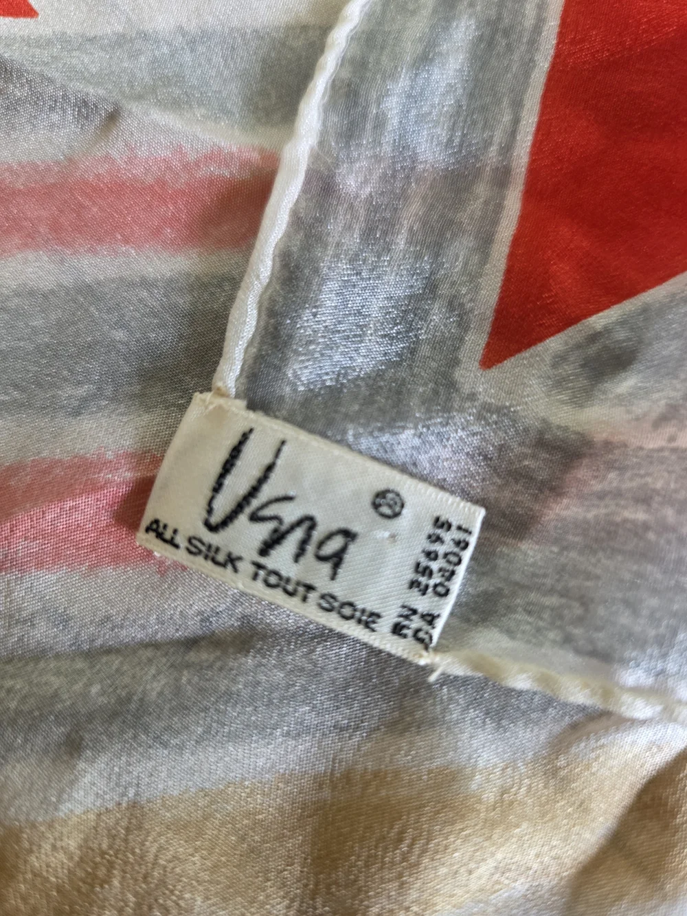 Vintage Vana Silk Scarf  Red Gray Beige Geometric Square Hand Rolled Hem Mod